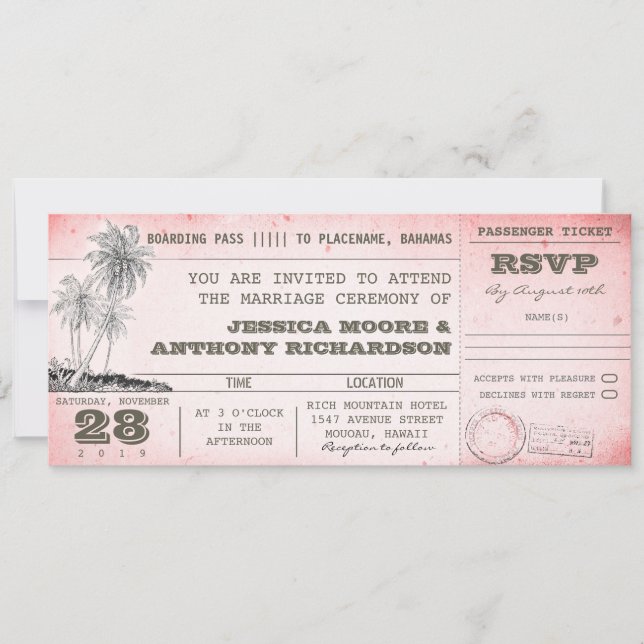 vintage pink wedding boarding pass with palms invitation (Front)