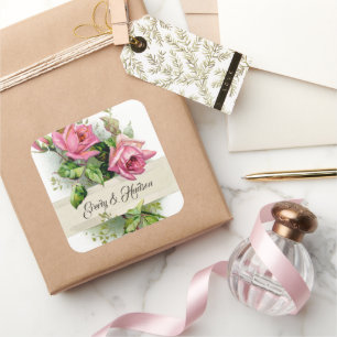 Vintage Pink Wedding Roses Square Sticker