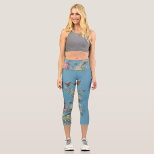 Vintage pink white blossom butterfly bee on blue capri leggings