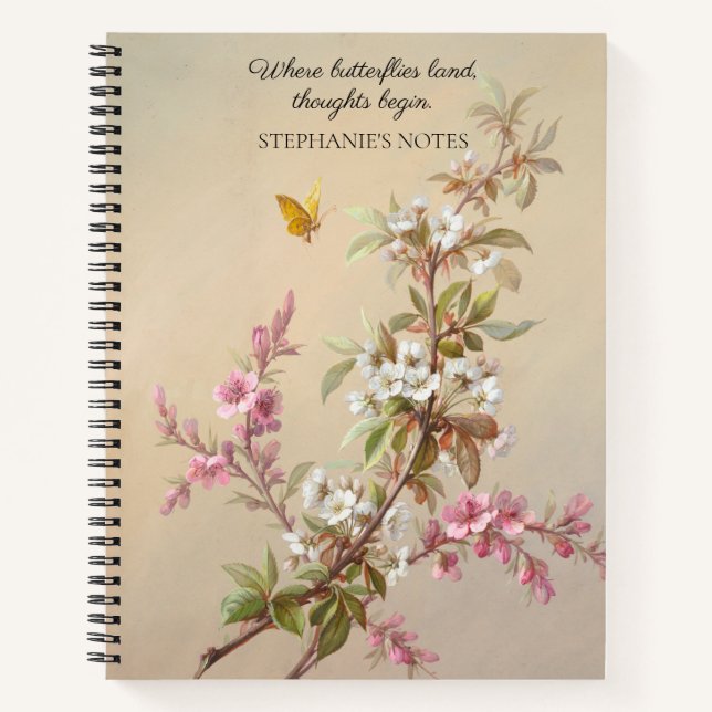 Vintage Pink White Blossom Butterfly Quote Notebook (Front)