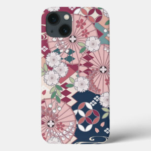 Vintage Pink White Blue Japanese Kimono Floral iPhone 13 Case