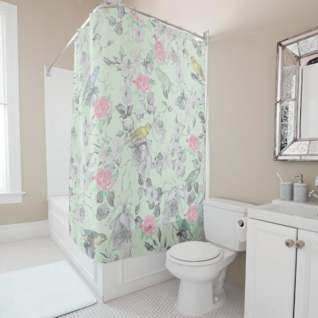 Vintage Pink White Mint Bird Floral Collage (In Situ)