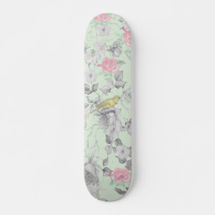 Vintage Pink White Mint Bird Floral Collage Skateboard