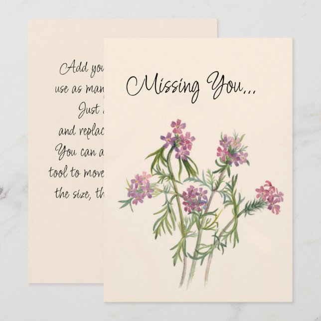 Vintage Pink Wildflowers Botanical Missing You  Card (Front/Back)