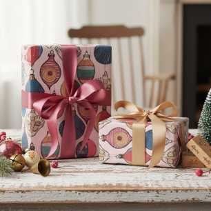 Vintage Pink Xmas Ornaments Wrapping Paper 