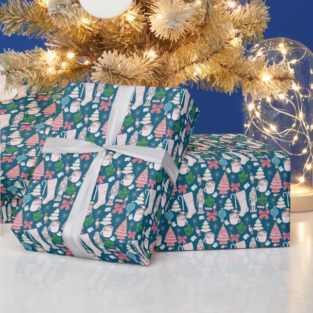 Vintage Pink Xmas - Teal Blue Wrapping Paper (Holidays)