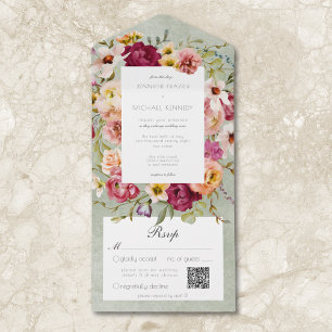 Vintage Pink Yellow Floral Sage Wedding QR All In One Invitation