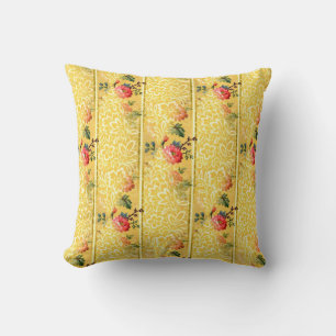 Vintage Pinkish-Red Flowers on Golden Background Throw Pillow