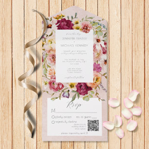 Vintage Pinks & Yellow Floral on Pink QR Code All In One Invitation