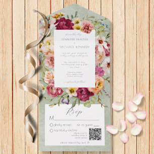 Vintage Pinks & Yellow Floral on Sage QR Code  All In One Invitation
