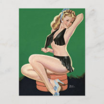 Vintage Pinup Beautiful Blonde on Green Background