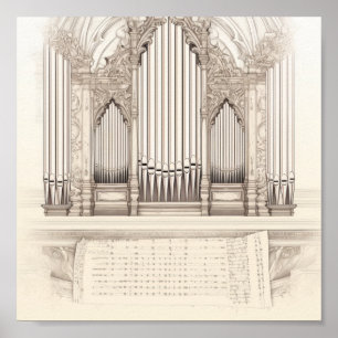 Vintage Pipe Organ Sketch and Antique Sheet Music  Poster
