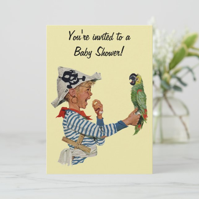 Vintage Pirate Boy w Parrot Baby Shower Invitation (Standing Front)