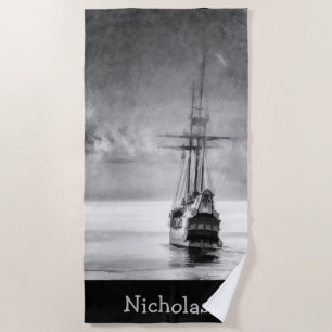 Vintage Pirate Ship Custom Name Fun Beach Towel