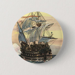 Vintage Pirate Ship, Galleon Sailing on the Ocean 2 Inch Round Button
