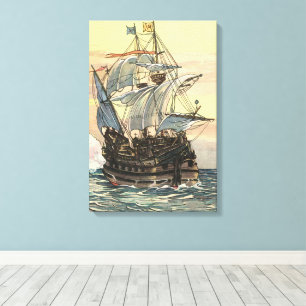 Vintage Pirate Ship, Galleon Sailing on the Ocean Canvas Print