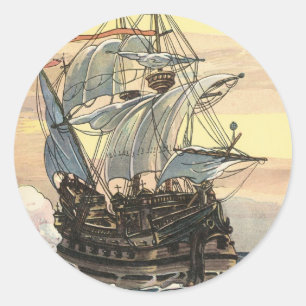Vintage Pirate Ship, Galleon Sailing on the Ocean Classic Round Sticker