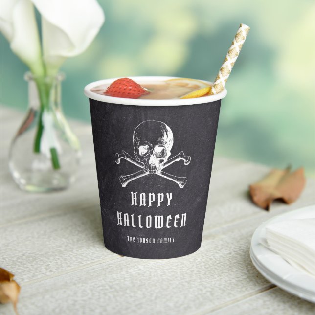 Vintage Pirate Skull & Bones Black Halloween Paper Cups (Insitu)