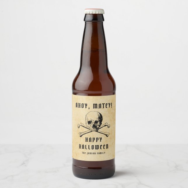 Vintage Pirate Skull & Bones Halloween Beer Bottle Label (Front)