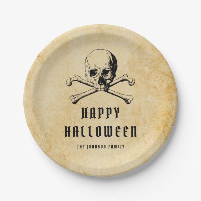Vintage Pirate Skull & Bones Halloween  Paper Plate (Front)