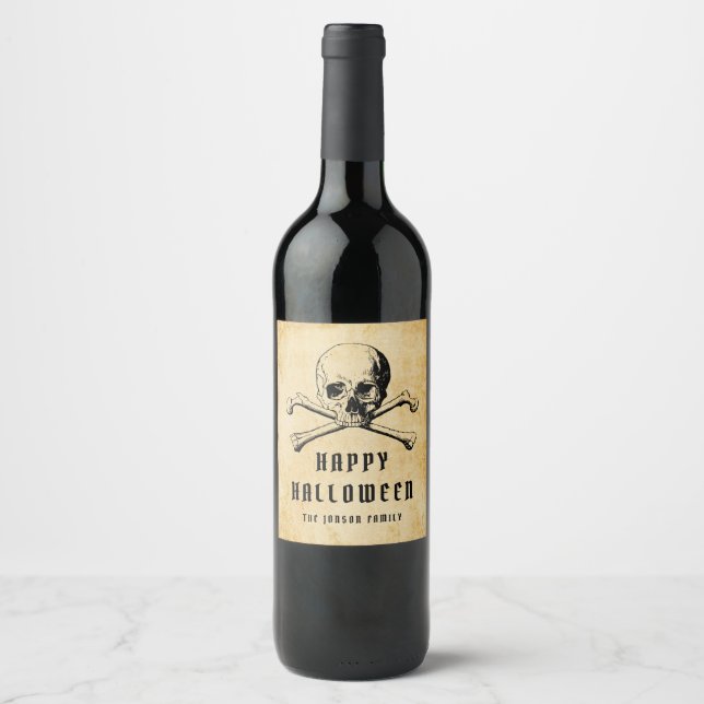 Vintage Pirate Skull & Bones Happy Halloween Wine Label (Front)