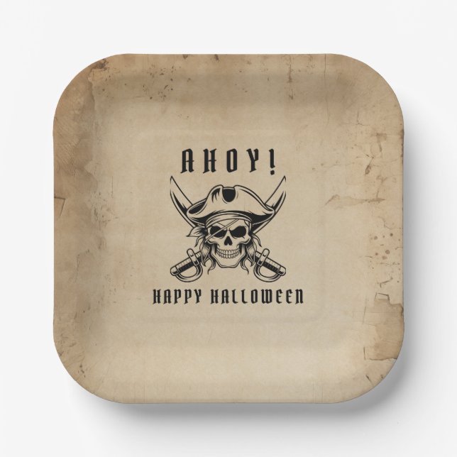 Vintage Pirate Skull Halloween Paper Plate (Front)