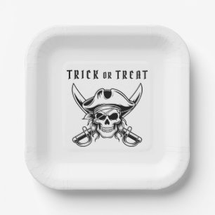 Vintage Pirate Skull Trick Or Treat Halloween Paper Plate