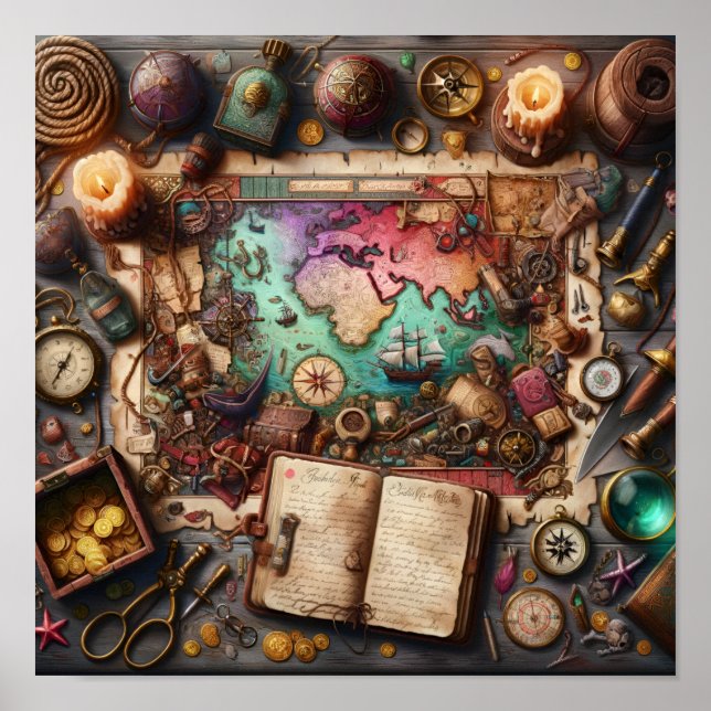 Vintage Pirate Treasure Map Explorer Poster Print (Front)