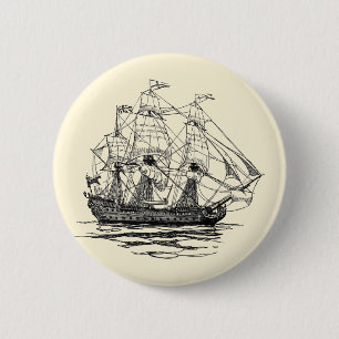 Vintage Pirates Galleon, Sketch of a 74 Gun Ship 2 Inch Round Button