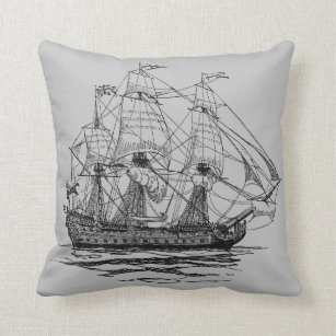 Vintage Pirates Galleon, Sketch of a 74 Gun Ship Throw Pillow