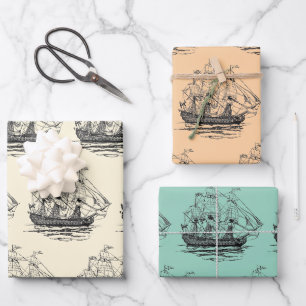 Vintage Pirates Galleon, Sketch of a 74 Gun Ship Wrapping Paper Sheet
