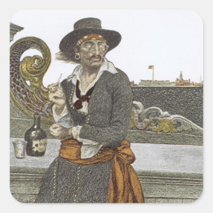 Vintage Pirates, Kidd on Deck of Adventure Galley Square Sticker