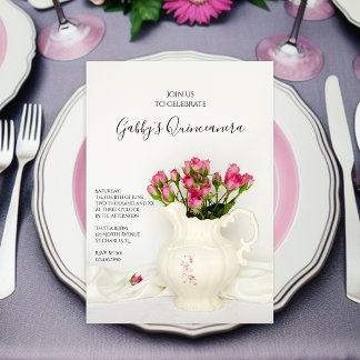 Vintage Pitcher and Pink Roses Quinceanera Party Invitation