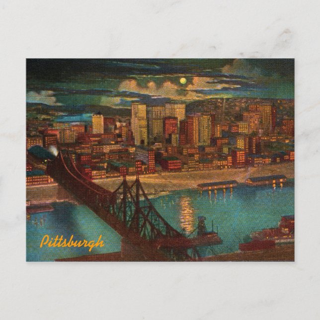 Vintage Pittsburgh By Moonlight Postcard (Front)
