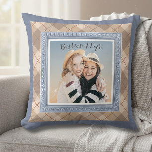 Vintage Plaid Besties Best Friend Photo Throw Pillow