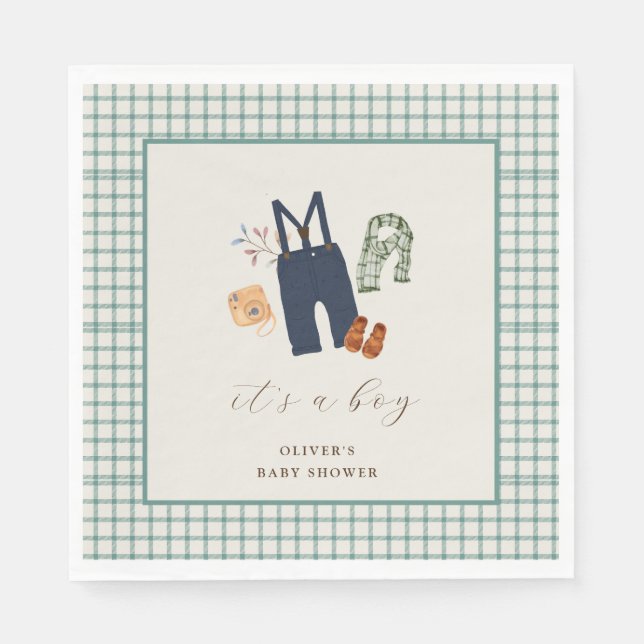 Vintage Plaid Boy Clothes Baby Shower Welcome  Napkin (Front)