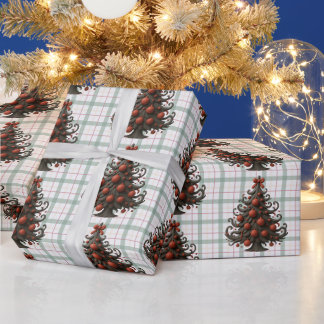 Vintage Plaid Dark Christmas Trees Wrapping Paper