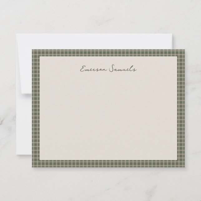 Vintage plaid green checked frame personalized card (Front)