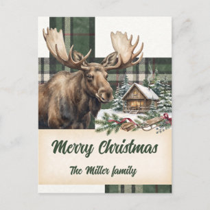 Vintage Plaid Moose Woodland Christmas Custom Holiday Postcard