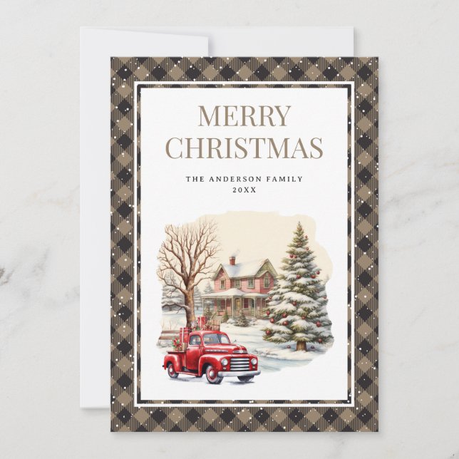 Vintage Plaid Red Truck Snow Merry Christmas Card (Front)