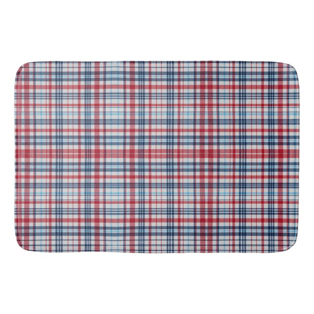 Vintage, plaid red white blue pattern  bath mat (Front)