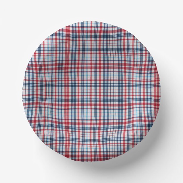 Vintage, plaid red white blue pattern  paper plate (Front)