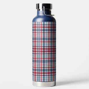 Vintage, plaid red white blue pattern water bottle