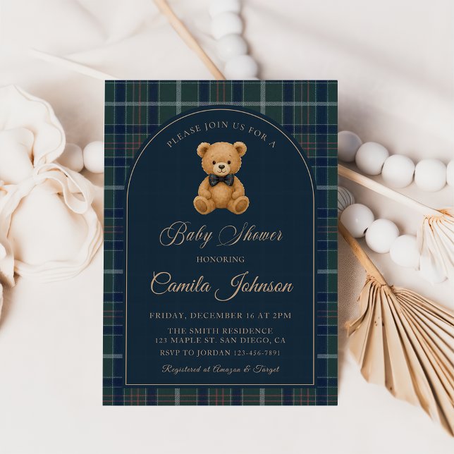 Vintage Plaid Teddy Bear Luxury Baby Shower Invitation (Creator Uploaded)
