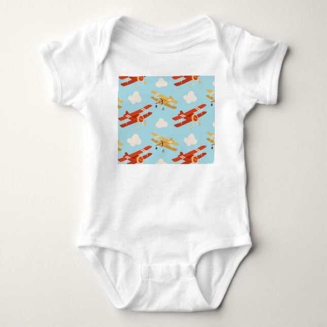 Vintage Planes Clouds Background Pattern Baby Bodysuit (Front)
