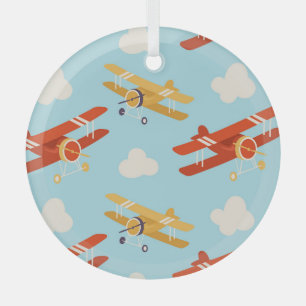 Vintage Planes Clouds Background Pattern Glass Ornament