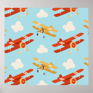Vintage Planes Clouds Background Pattern Poster