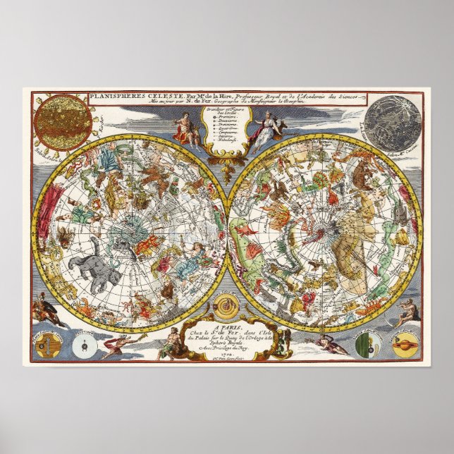 Vintage Planisphere Star Map by Nicholas de Fer Poster (Front)