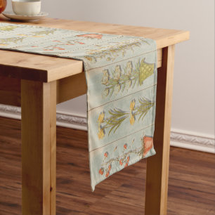 Vintage Plant Illustrations Rustic Wood Panels Short Table Runner