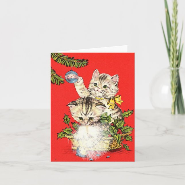 Vintage Playful Kittens with Christmas Ornament Card (Front)